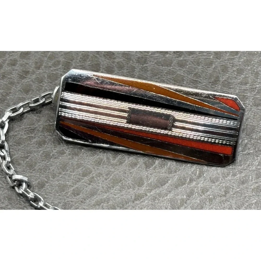 Vintage Art Deco Red Black Enamel Belt Watch Chain Dog Clip Silver Tone